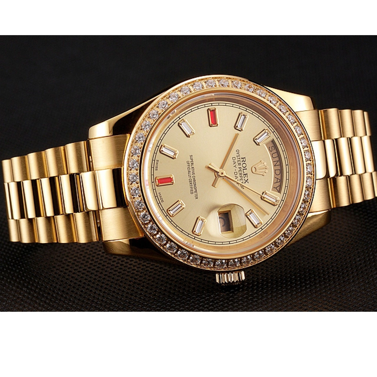 Good Copy Rolex Watches Rolex Day-Date Rubies Gold Swiss Diamonds Dial 1454100 And Champagne Bracelet 0714